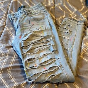 Distressed blue jeans